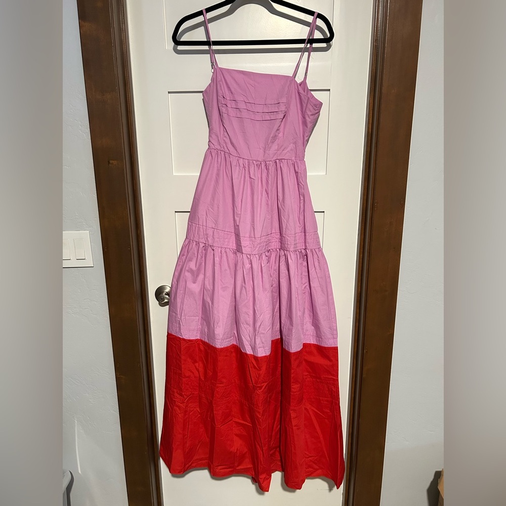 CHICWAYS Open Back Tiered Pink Colorblock  Maxi Dress Size Medium